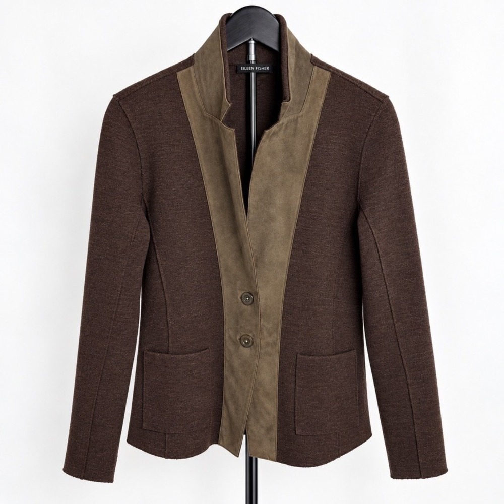 Eileen Fisher Brown Jacket Merino Wool Lamb Leather Button Front Blazer Size S